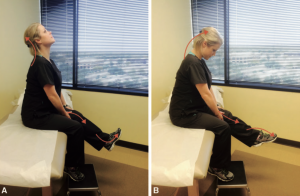 Fig. 10. Técnica de mobilização do nervo Ciático — paciente em posição sentada, com as duas mãos sob o joelho. O exercício é realizado com a mobilização da rede da cadeia neural posterior. (A) Extensão cervical, flexão do joelho e dorsiflexão do tornozelo. (B) Flexão cervical, extensão do joelho e flexão plantar do tornozelo. O paciente pode aplicar flexão e extensão lombar durante o exercício.